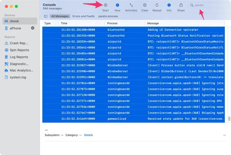 Copying Pareto Security logs from the macOS Console app