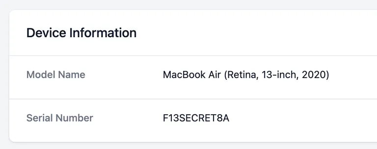 Device model name and serial number shown on a device in Pareto Cloud