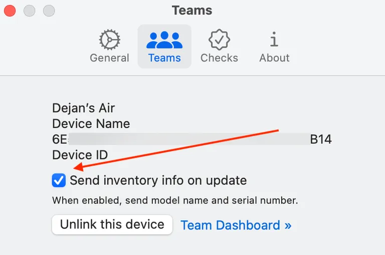 The Send inventory data checkbox under the Teams tab in Pareto Desktop preferences