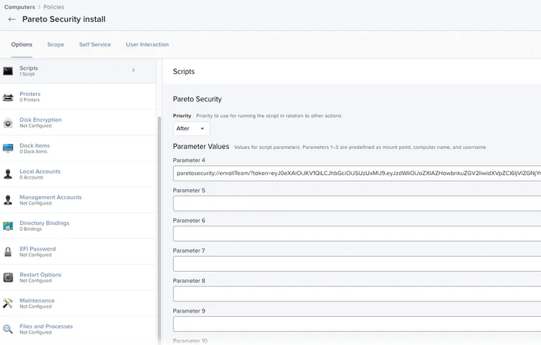 Entering the Pareto Cloud team invite link in the Jamf Pro script parameters