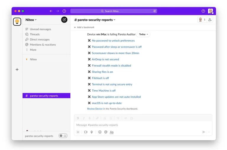 Slack notification from Pareto Cloud listing a device's failing security checks