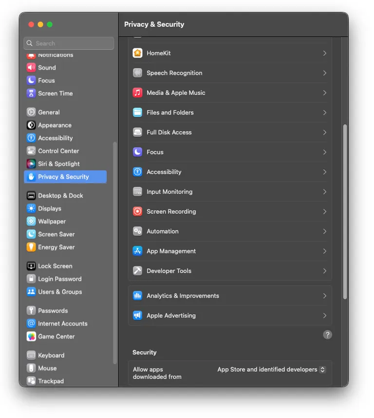 Privacy security settings